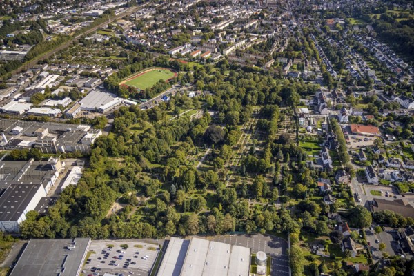 Aerial view, cemetery Öhde, also evang. cemetery Schwelm, in the district Öhde in Schwelm, Ruhr area, North Rhine-Westphalia, Germany, burial place, DE, Europe, forms and colours, cemetery, memorial, place of worship, graves, burial ground, aerial photograph, aerial photography, aerial photography, resting place, Schwelm, sports field, overview, bird's-eye view, overview