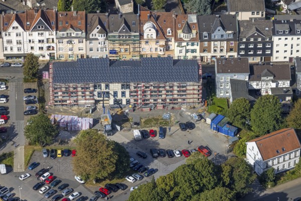 Aerial view, construction site for new cultural centre at Wilhelmsplatz in Schwelm, Ruhr area, North Rhine-Westphalia, Germany, construction work, building, construction area, building site, building plots, construction project, construction site, DE, Europe, aerial view, aerial photography, aerial photography, new building, Schwelm, overview, bird's-eye view, overview