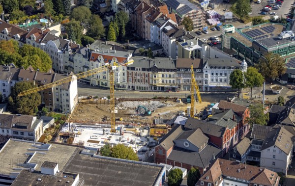 Aerial view, construction site and new building between Neumarkt and Schulstraße in Schwelm, Ruhr area, North Rhine-Westphalia, Germany, construction work, construction area, construction site, building plots, construction crane, construction project, construction site, DE, Europe, aerial view, aerial photography, aerial photography, new building, Schwelm, overview, bird's-eye view, overview