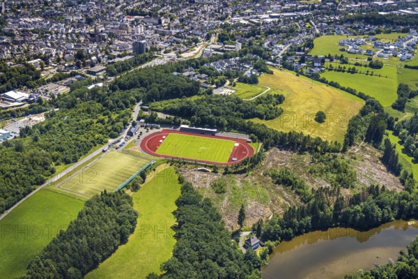 Aerial view, Kreuzbergstadion, Olpe-Stadt, Olpe, Sauerland, North Rhine-Westphalia, Germany, DE, Europe, football pitch, football stadium, aerial view, aerial photography, aerial photography, sports, sports facilities, sports field, sports venue, stadium, overview, bird's-eye view, birds-eyes view, overview