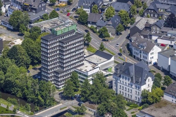 Aerial view, Olpe town hall and town archive, Olpe town, Olpe, Sauerland, North Rhine-Westphalia, Germany, authority, DE, Europe, high-rise building, aerial view, aerial photography, aerial photography, town hall, overview, bird's-eye view, overview