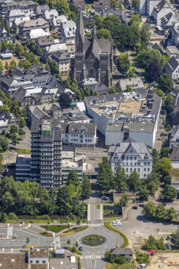 Aerial view, Olpe Town Hall and St. Martinus Church, town centre, Olpe town, Olpe, Sauerland, North Rhine-Westphalia, Germany, place of worship, authority, DE, Europe, religious community, place of worship, holy place, church, parish, denomination, aerial view, aerial photography, aerial photography, market, market place, parish church, town hall, religion, religious site, overview, bird's-eye view, overview