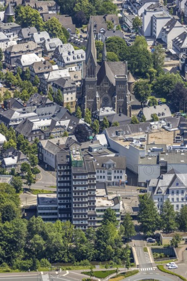 Aerial view, Olpe Town Hall and St. Martinus Church, town centre, Olpe town, Olpe, Sauerland, North Rhine-Westphalia, Germany, place of worship, authority, DE, Europe, religious community, place of worship, sacred site, high-rise building, church, parish, denomination, aerial view, aerial photography, aerial photography, market, marketplace, parish church, town hall, religion, religious site, overview, bird's-eye view, birds-eyes view, overview