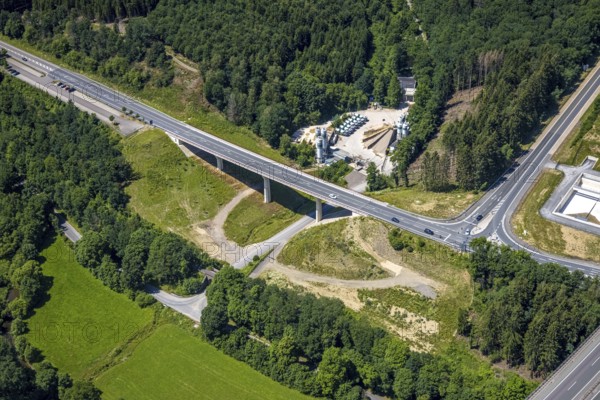 Aerial view, motorway junction Olpe, A45 and B54, Geländer Frischbeton Olpe GmbH, Olpe-Stadt, Olpe, Sauerland, North Rhine-Westphalia, Germany, motorway A45, federal road B54, DE, Europe, commercial enterprises, commercial area, commercial area, commercial location, commercial use, industrial area, industrial location, aerial view, aerial photography, aerial photography, overview, bird's-eye view, overview