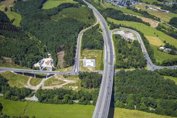 Aerial view, motorway junction Olpe, A45 and B54, Geländer Frischbeton Olpe GmbH, Olpe-Stadt, Olpe, Sauerland, North Rhine-Westphalia, Germany, motorway A45, federal road B54, DE, Europe, commercial enterprises, commercial area, commercial area, commercial location, commercial use, industrial area, industrial location, aerial view, aerial photography, aerial photography, overview, bird's-eye view, overview