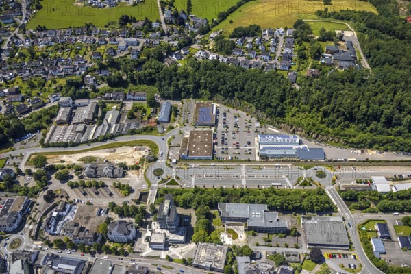 Aerial view, city centre, town hall and city archive, Olpe railway and bus station, car park Alter Bahnhof, Olpe city, Olpe, Sauerland, North Rhine-Westphalia, Germany, railway station, authority, bus station, DE, Deutsche Bahn AG, Europe, main station, main station, roundabout, roundabout, aerial view, aerial photography, aerial photography, town hall, city archive, overview, bird's-eye view, bird's-eye view, overview