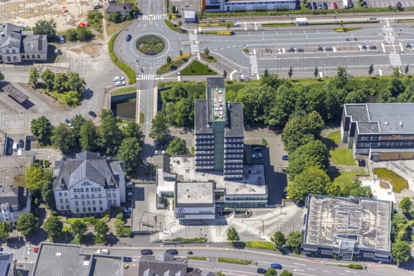 Aerial view, Olpe town hall and town archive, Olpe town, Olpe, Sauerland, North Rhine-Westphalia, Germany, authority, DE, Europe, high-rise building, roundabout, roundabout, aerial view, aerial photography, aerial photography, town hall, overview, bird's-eye view, overview