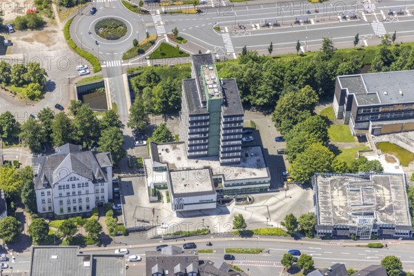 Aerial view, Olpe town hall and town archive, Olpe town, Olpe, Sauerland, North Rhine-Westphalia, Germany, authority, DE, Europe, high-rise building, roundabout, roundabout, aerial view, aerial photography, aerial photography, town hall, overview, bird's-eye view, overview