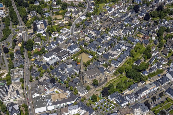 Aerial view, St. Martinus Church, town wall with angel tower, market square and town centre, Olpe town, Olpe, Sauerland, North Rhine-Westphalia, Germany, place of worship, DE, Europe, religious community, place of worship, holy site, church, parish, denomination, aerial view, aerial photography, aerial photography, market, market square, parish church, religion, religious site, tower, overview, bird's-eye view, birds-eyes view, overview
