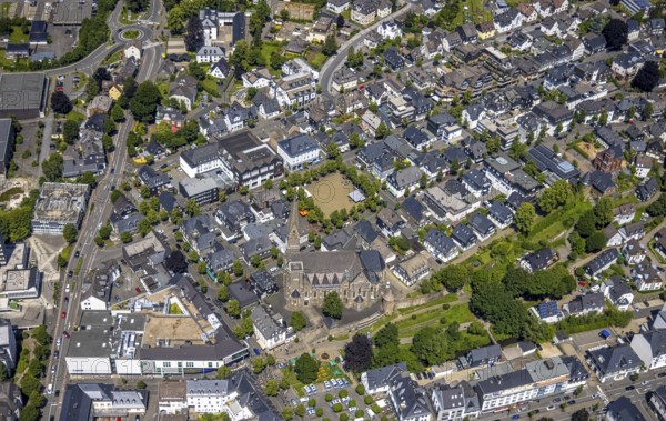 Aerial view, St. Martinus Church, town wall with angel tower, market square and town centre, Olpe town, Olpe, Sauerland, North Rhine-Westphalia, Germany, place of worship, DE, Europe, religious community, place of worship, holy site, church, parish, denomination, aerial view, aerial photography, aerial photography, market, market square, parish church, religion, religious site, tower, overview, bird's-eye view, birds-eyes view, overview
