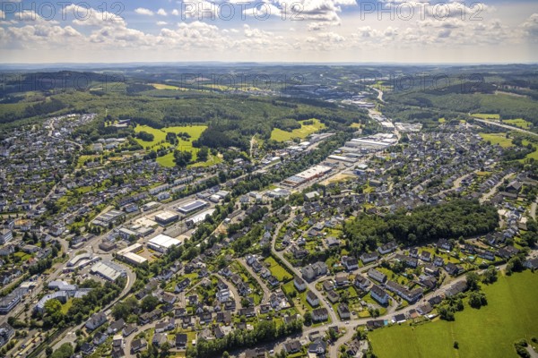 Aerial view, commercial area In der Trift, Koblenzer Straße, Dahl, Olpe, Sauerland, North Rhine-Westphalia, Germany, DE, Europe, commercial enterprises, commercial area, commercial site, commercial use, industrial area, industrial site, aerial photograph, aerial photography, aerial photography, overview, bird's-eye view, bird's-eye view, overview