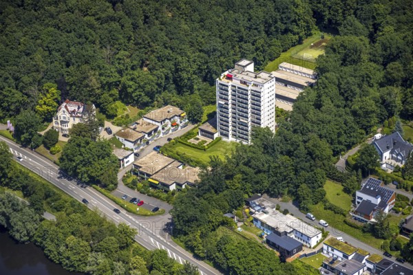 Aerial view, Biggehochhaus and Biggeschlösschen am Biggesee, Olpe-Stadt, Olpe, Sauerland, North Rhine-Westphalia, Germany, Biggehaus, DE, Europe, property tax, high-rise building, real estate, aerial view, aerial photography, aerial photography, overview, bird's-eye view, residential complex, living and living, residential buildings, quality of life, birds-eyes view, overview