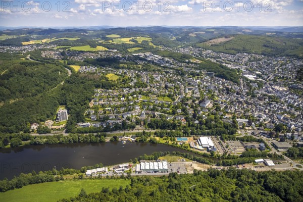Aerial view, Biggesee, Obersee, leisure pool Olpe, Sea Bounce Indoorsport, Biggehochhaus and Biggeschlösschen am Biggesee, local view Olpe-Stadt, Olpe, Sauerland, North Rhine-Westphalia, Germany, bathing establishment, bathing resort, DE, Europe, outdoor pool, leisure activities, leisure centre, high-rise building, aerial view, aerial photography, aerial photography, swimming pool, overview, bird's-eye view, overview