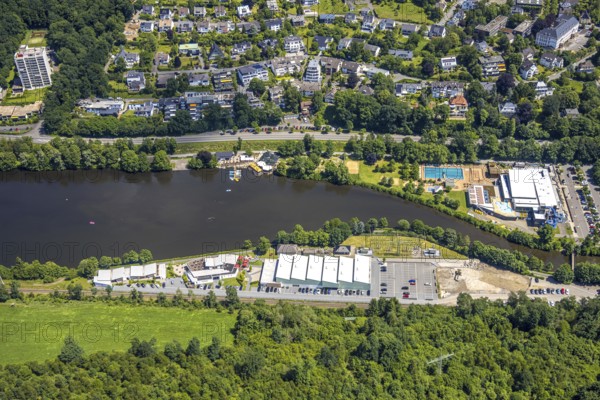 Aerial view, Biggesee, Olpe leisure pool, Sea Bounce Indoorsport, Obersee, Olpe-Stadt, Olpe, Sauerland, North Rhine-Westphalia, Germany, bathing establishment, bathing resort, DE, Europe, outdoor pool, leisure activities, leisure centre, aerial view, aerial photography, aerial photography, swimming pool, overview, bird's-eye view, overview