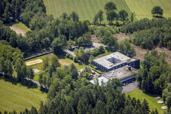 Aerial photo, Biggesee, DJH Biggesee Youth Hostel, forest damage and clear-cutting, Eichhagen, Olpe, Sauerland, North Rhine-Westphalia, Germany, Biggetalsperre, DE, Europe, youth hostel, aerial photo, aerial photography, aerial photography, Ebbegebirge nature park Park, lake, reservoir, overview, bird's-eye view, bird's-eye view, overview