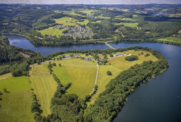 Aerial view, Biggesee, Stade headland, view of Eichhagen, Olpe, Sauerland, North Rhine-Westphalia, Germany, Biggetalsperre, DE, Europe, Hof Stade, hilly landscape, aerial view, aerial photography, aerial photography, nature park Ebbegebirge, lake, reservoir, overview, bird's-eye view, overview