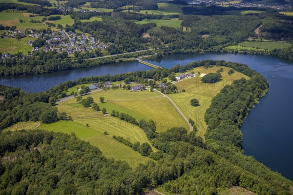 Aerial view, Biggesee, Stade headland, view of Eichhagen, Olpe, Sauerland, North Rhine-Westphalia, Germany, Biggetalsperre, DE, Europe, Hof Stade, hilly landscape, aerial view, aerial photography, aerial photography, nature park Ebbegebirge, lake, reservoir, overview, bird's-eye view, overview