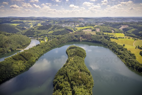 Aerial view, Biggesee, Camping- und Erholungsanlage Biggesee, Kessenhammer, Rhode, Olpe, Sauerland, North Rhine-Westphalia, Germany, Biggetalsperre, Camping, Campinganlage, Campinghäuser, Campingmobil, Campingplatz, DE, Europa, Freizeit, Luftaufnahme, Luftbildfotografie, Luftfotografie, See, Stausee, Talsperre, Übersicht, Vogelperspektive, Wohnmobil, Wohnwagen, birds-eyes view, overview