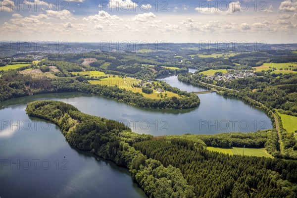 Aerial view, Biggesee, Stade headland, local view Eichhagen, Olpe, Sauerland, North Rhine-Westphalia, Germany, Biggetalsperre, DE, Europe, Hof Stade, hilly landscape, aerial view, aerial photography, aerial photography, nature park Ebbegebirge, lake, reservoir, dam, overview, bird's eye view, birds-eyes view, overview