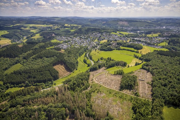 Aerial view, forest area with forest damage in Rhode, Olpe, Sauerland, North Rhine-Westphalia, Germany, tree dieback, bark beetle damage, bark beetle plague, DE, drought, Europe, spruce dieback, hilly landscape, clear-cutting, aerial photograph, aerial photography, aerial photography, drought, overview, bird's eye view, forest, forest area, forest damage, forest dieback, forest area, lack of water, birds-eyes view, overview