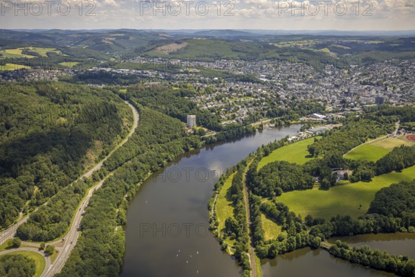 Aerial view, Biggesee, Obersee, Biggehochhaus, Olpe leisure pool, Olpe town view, Olpe, Sauerland, North Rhine-Westphalia, Germany, bathing establishment, bathing resort, DE, Europe, outdoor pool, leisure pool, leisure activities, high-rise building, hilly landscape, aerial view, aerial photography, aerial photography, swimming pool, swimming pool, overview, bird's-eye view, living and life, birds-eyes view, overview