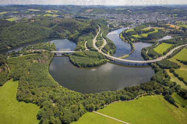 Aerial view, Biggesee, Obersee with bridge Landesstraße L512, bridge Bundesstraße B54, Olpe-Stadt, Olpe, Sauerland, North Rhine-Westphalia, Germany, Biggetalsperre, bridge, Bundesstraße B54, DE, Europe, shapes and colours, hilly landscape, aerial view, aerial photography, aerial photography, Ebbegebirge nature park Park, lake, reservoir, overview, bird's-eye view, bird's-eye view, overview