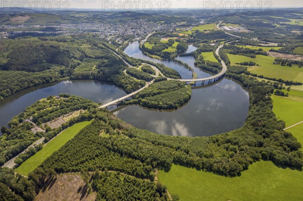 Aerial view, Biggesee, Obersee with bridge Landesstraße L512, bridge Bundesstraße B54, Olpe-Stadt, Olpe, Sauerland, North Rhine-Westphalia, Germany, Biggetalsperre, bridge, Bundesstraße B54, DE, Europe, shapes and colours, hilly landscape, aerial view, aerial photography, aerial photography, Ebbegebirge nature park Park, lake, reservoir, overview, bird's-eye view, bird's-eye view, overview