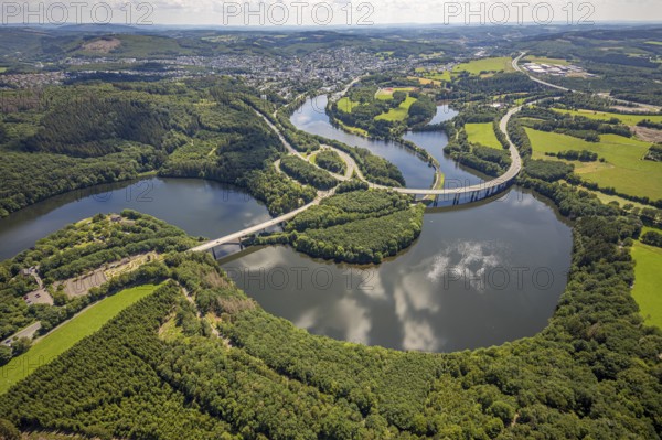 Aerial view, Biggesee, Obersee with bridge Landesstraße L512, bridge Bundesstraße B54, Olpe-Stadt, Olpe, Sauerland, North Rhine-Westphalia, Germany, Biggetalsperre, bridge, Bundesstraße B54, DE, Europe, shapes and colours, hilly landscape, aerial view, aerial photography, aerial photography, Ebbegebirge nature park Park, lake, reservoir, overview, bird's-eye view, bird's-eye view, overview