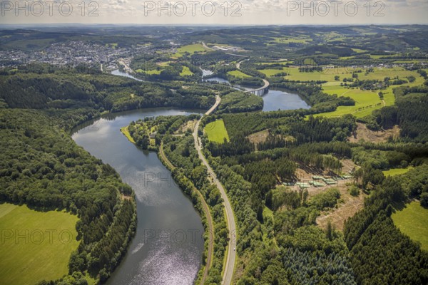 Aerial view, Biggesee, Obersee with bridge Landesstraße L512, bridge Bundesstraße B54, Olpe-Stadt, Olpe, Sauerland, North Rhine-Westphalia, Germany, Biggetalsperre, bridge, Bundesstraße B54, DE, Europe, hilly landscape, aerial view, aerial photography, aerial photography, nature park Ebbegebirge, lake, reservoir, overview, bird's eye view, forebay, birds-eyes view, overview