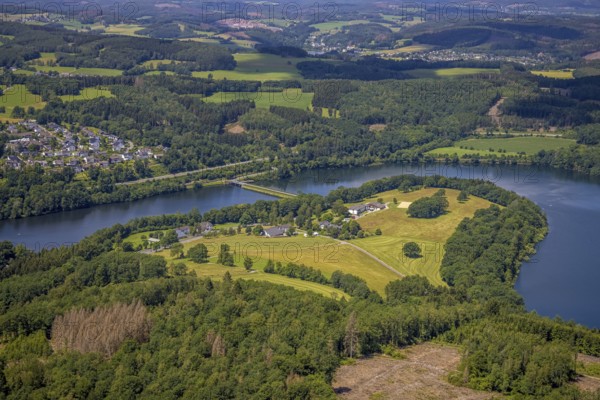 Aerial view, Biggesee, Stade headland, view of Eichhagen, Olpe, Sauerland, North Rhine-Westphalia, Germany, Biggetalsperre, DE, Europe, Hof Stade, hilly landscape, aerial view, aerial photography, aerial photography, nature park Ebbegebirge, lake, reservoir, overview, bird's-eye view, overview