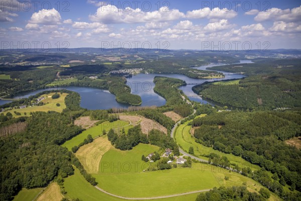Aerial photo, Biggesee, Rhode, Olpe, Sauerland, North Rhine-Westphalia, Germany, Biggetalsperre, DE, Europe, Hof Stade, hilly landscape, aerial photography, aerial photography, aerial photography, nature park Ebbegebirge, lake, reservoir, overview, bird's-eye view, birds-eyes view, overview