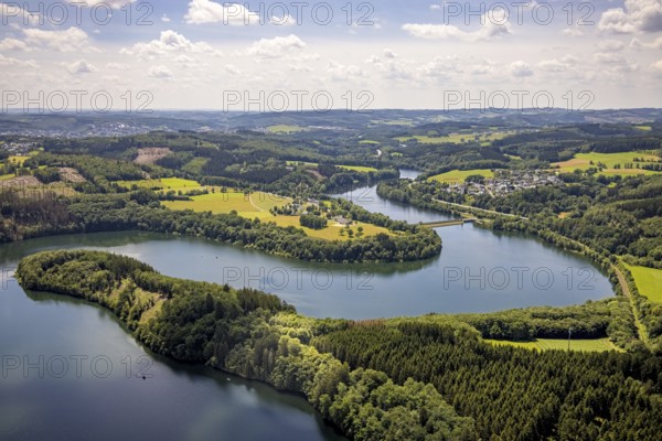 Aerial view, Biggesee, Stade headland, local view Eichhagen, Olpe, Sauerland, North Rhine-Westphalia, Germany, Biggetalsperre, DE, Europe, Hof Stade, hilly landscape, aerial view, aerial photography, aerial photography, nature park Ebbegebirge, lake, reservoir, dam, overview, bird's eye view, birds-eyes view, overview
