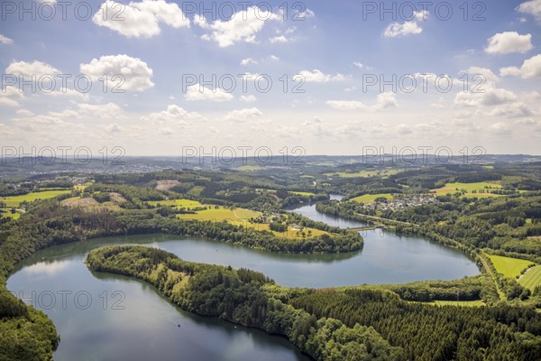 Aerial view, Biggesee, Stade headland, local view Eichhagen, Olpe, Sauerland, North Rhine-Westphalia, Germany, Biggetalsperre, DE, Europe, Hof Stade, hilly landscape, aerial view, aerial photography, aerial photography, nature park Ebbegebirge, lake, reservoir, dam, overview, bird's eye view, birds-eyes view, overview