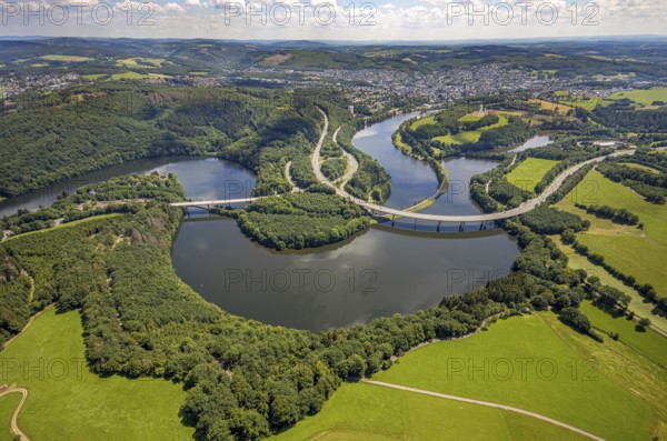Aerial view, Biggesee, Obersee with bridge Landesstraße L512, bridge Bundesstraße B54, Olpe-Stadt, Olpe, Sauerland, North Rhine-Westphalia, Germany, Biggetalsperre, bridge, Bundesstraße B54, DE, Europe, shapes and colours, hilly landscape, aerial view, aerial photography, aerial photography, Ebbegebirge nature park Park, lake, reservoir, overview, bird's-eye view, bird's-eye view, overview