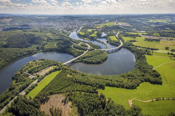 Aerial view, Biggesee, Obersee with bridge Landesstraße L512, bridge Bundesstraße B54, Olpe-Stadt, Olpe, Sauerland, North Rhine-Westphalia, Germany, Biggetalsperre, bridge, Bundesstraße B54, DE, Europe, shapes and colours, hilly landscape, aerial view, aerial photography, aerial photography, Ebbegebirge nature park Park, lake, reservoir, overview, bird's-eye view, bird's-eye view, overview