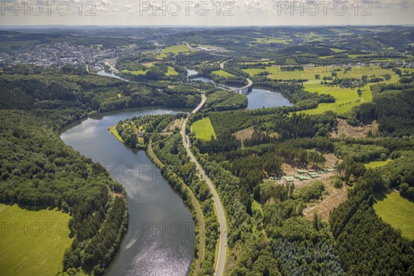 Aerial view, Biggesee, Obersee, bridge Landesstraße L512, bridge Bundesstraße B54, Olpe-Stadt, Olpe, Sauerland, North Rhine-Westphalia, Germany, Biggetalsperre, bridge, Bundesstraße B54, DE, Europe, hilly landscape, aerial view, aerial photography, aerial photography, nature park Ebbegebirge, lake, reservoir, overview, bird's eye view, forebay, birds-eyes view, overview