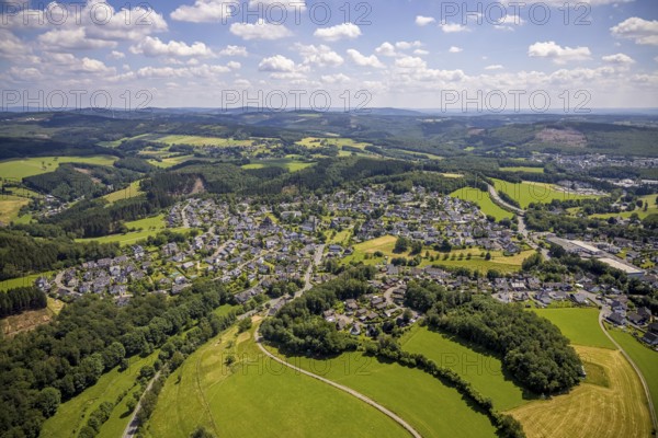 Aerial view, forest area with forest damage in Rhode, Olpe, Sauerland, North Rhine-Westphalia, Germany, tree dieback, bark beetle damage, bark beetle plague, DE, drought, Europe, spruce dieback, hilly landscape, clear-cutting, aerial photograph, aerial photography, aerial photography, drought, overview, bird's eye view, forest, forest area, forest damage, forest dieback, forest area, lack of water, birds-eyes view, overview