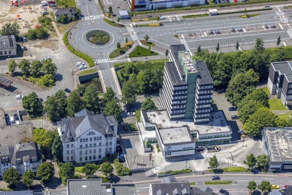 Aerial view, Olpe town hall and town archive, Olpe town, Olpe, Sauerland, North Rhine-Westphalia, Germany, authority, DE, Europe, high-rise building, roundabout, roundabout, aerial view, aerial photography, aerial photography, town hall, overview, bird's-eye view, overview