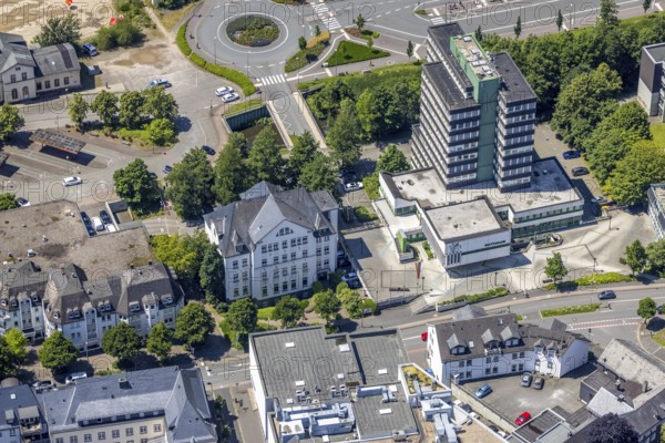 Aerial view, Olpe town hall and town archive, Olpe town, Olpe, Sauerland, North Rhine-Westphalia, Germany, authority, DE, Europe, high-rise building, aerial view, aerial photography, aerial photography, town hall, overview, bird's-eye view, overview