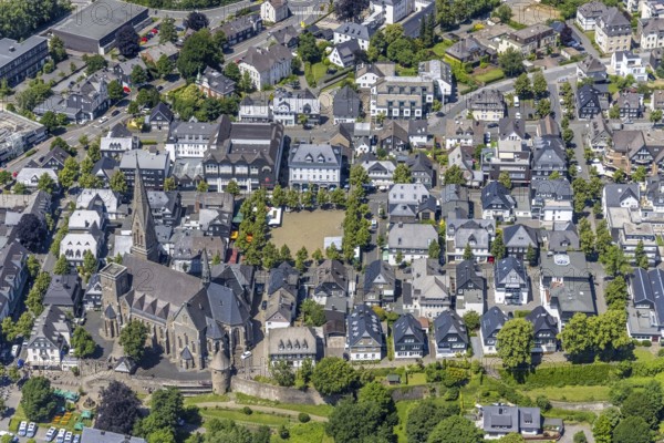 Aerial view, St. Martinus Church, town wall with angel tower, market square and town centre, Olpe town, Olpe, Sauerland, North Rhine-Westphalia, Germany, place of worship, DE, Europe, religious community, place of worship, holy site, church, parish, denomination, aerial view, aerial photography, aerial photography, market, market square, parish church, religion, religious site, tower, overview, bird's-eye view, birds-eyes view, overview