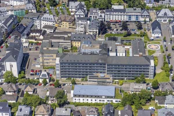Aerial view, St. Martinus-Hospital, Olpe-Stadt, Olpe, Sauerland, North Rhine-Westphalia, Germany, DE, Europe, healthcare, hospital, heliport, clinic, hospital centre, hospital, aerial photograph, aerial photography, aerial photography, medical facility, medical aid, overview, bird's-eye view, overview, medical care