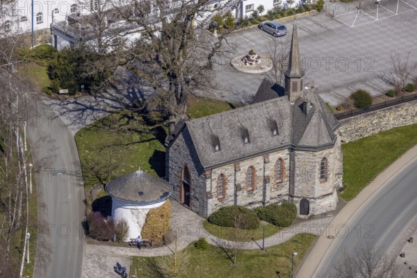 Aerial view, St. Maria Magdalena Church, Gevelinghausen, Olsberg, Sauerland, North Rhine-Westphalia, Germany, place of worship, DE, Europe, religious community, place of worship, holy place, church, parish, denomination, aerial view, aerial photography, aerial photography, religion, religious site, castle chapel, overview, bird's-eye view, bird's-eye view, overview