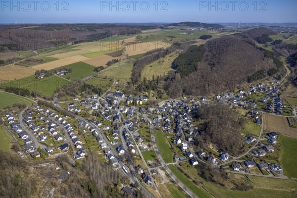 Aerial view, local view and Antfeld Castle, Olsberg, Sauerland, North Rhine-Westphalia, Germany, DE, Europe, manor house, manor building, aerial view, aerial photography, aerial photography, castle, overview, bird's-eye view, overview
