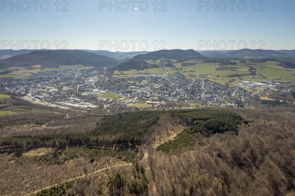 Aerial view, aerial view Bigge, Antfeld, Olsberg, Sauerland, North Rhine-Westphalia, Germany, Buchhorstkuppe, DE, Europe, hilly landscape, aerial view, aerial photography, aerial photography, sports field, overview, bird's-eye view, forest area, birds-eyes view, overview