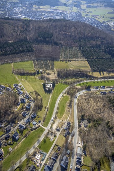 Aerial view, residential area Dorfwiese, federal road, Steinkuhle Wald, Antfeld, Olsberg, Sauerland, North Rhine-Westphalia, Germany, federal road 480, DE, Europe, aerial view, aerial photography, aerial photography, overview, bird's eye view, forest area, birds-eyes view, overview