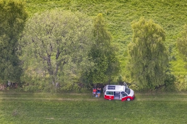 Aerial view, picnic on a forest path with VW bus, Eichhagen, Olpe, Sauerland, North Rhine-Westphalia, Germany, excursion, DE, Europe, aerial view, aerial photography, aerial photography, rest, overview, bird's-eye view, overview