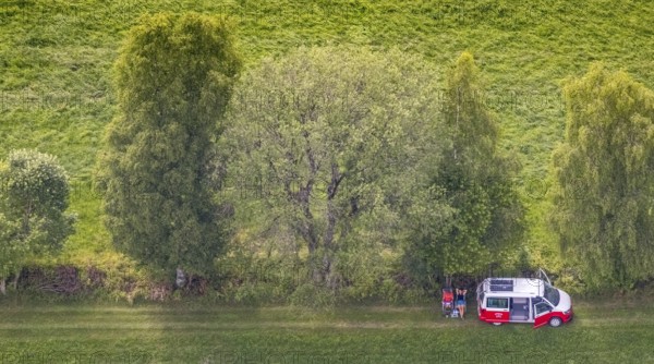 Aerial view, picnic on a forest path with VW bus, Eichhagen, Olpe, Sauerland, North Rhine-Westphalia, Germany, excursion, DE, Europe, aerial view, aerial photography, aerial photography, rest, overview, bird's-eye view, overview