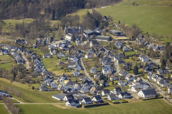 Aerial view, Hotel and Castle Gevelinghausen, St. Maria Magdalena Church, Gevelinghausen, Olsberg, Sauerland, North Rhine-Westphalia, Germany, place of worship, DE, Europe, gastronomy, religious community, place of worship, holy site, hotel, hotel facilities, hotel business, church, church community, denomination, aerial view, aerial photography, aerial photography, religion, religious site, castle, castle Gevelinghausen, overview, bird's eye view, birds-eyes view, overview