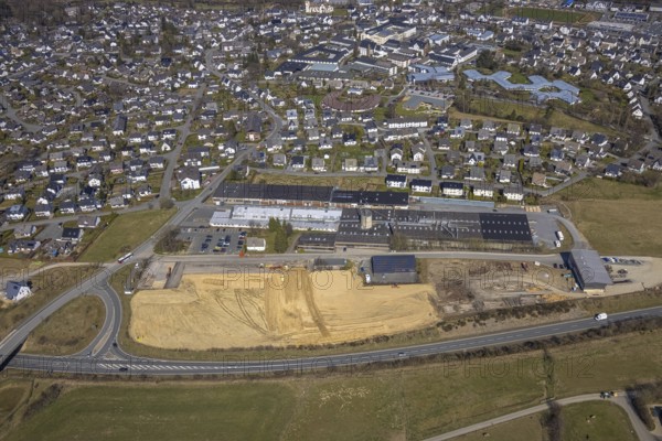 Aerial view, construction site at Körling GmbH, Hans-Körling-Straße, Bigge, Olsberg, Sauerland, North Rhine-Westphalia, Germany, construction area, construction site, building plots, construction project, construction site, DE, Europe, commercial enterprises, commercial area, commercial use, industrial area, industrial site, aerial photograph, aerial photography, aerial photography, overview, bird's-eye view, bird's-eye view, overview