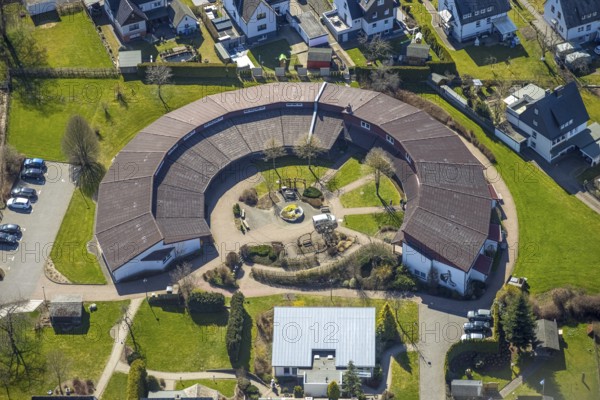 Aerial view, Josefsheim Bigge, nursing home, vocational training centre, Bigge, Olsberg, Sauerland, North Rhine-Westphalia, Germany, care and nursing, DE, Europe, health care, curative kindergarten, Josefs-Brauerei, aerial view, aerial photography, aerial photography, medical facility, emergency service, Pappelallee, nursing facility, retirement home, overview, bird's eye view, workshop for disabled people, birds-eyes view, overview, medical care